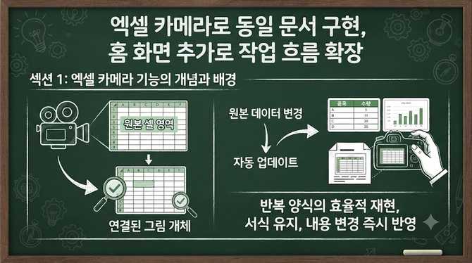 엑셀 카메라로 동일 문서 구현, 홈 화면 추가로 작업 흐름 확장
