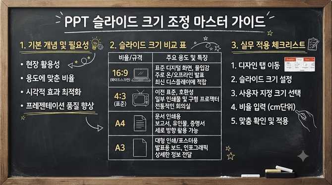 PPT 슬라이드 크기 조정 방법 파워포인트 16:9 4:3 A4 A3 사이즈 용도 및 비율 설정하기