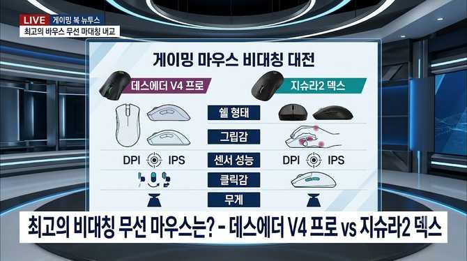 데스에더 V4 프로 vs 지슈라2 덱스 비대칭 무선 게이밍 마우스 비교
