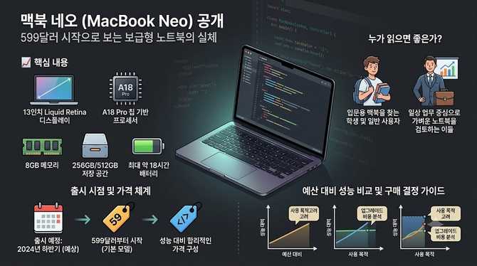맥북 네오 공개: 599달러 시작으로 보는 보급형 노트북의 실체